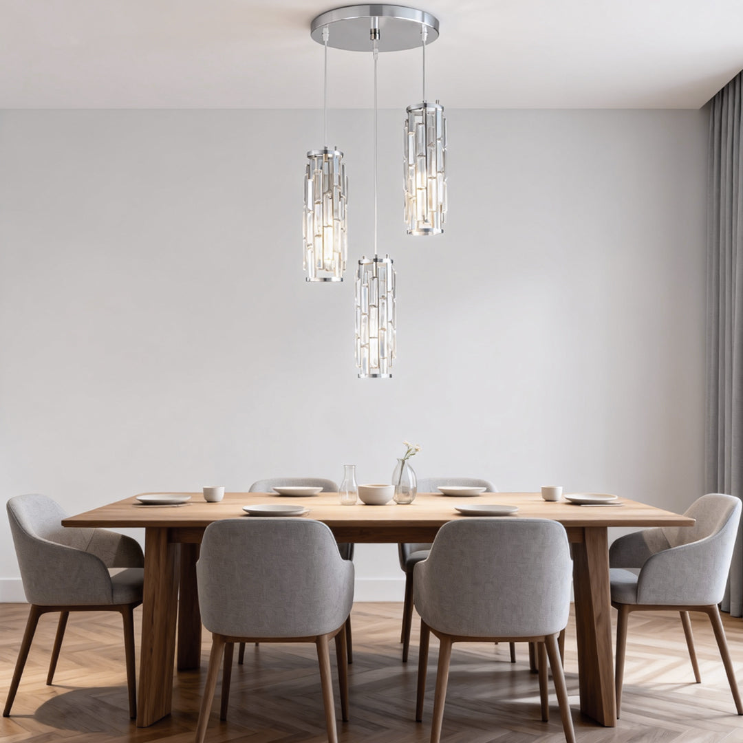 Mini Crystal Pendant Light, Industrial Iron and Crystal Glass Hanging Light for Kitchen Island and Bar, 1 or 3-Light in Black, Gold or Chrome
