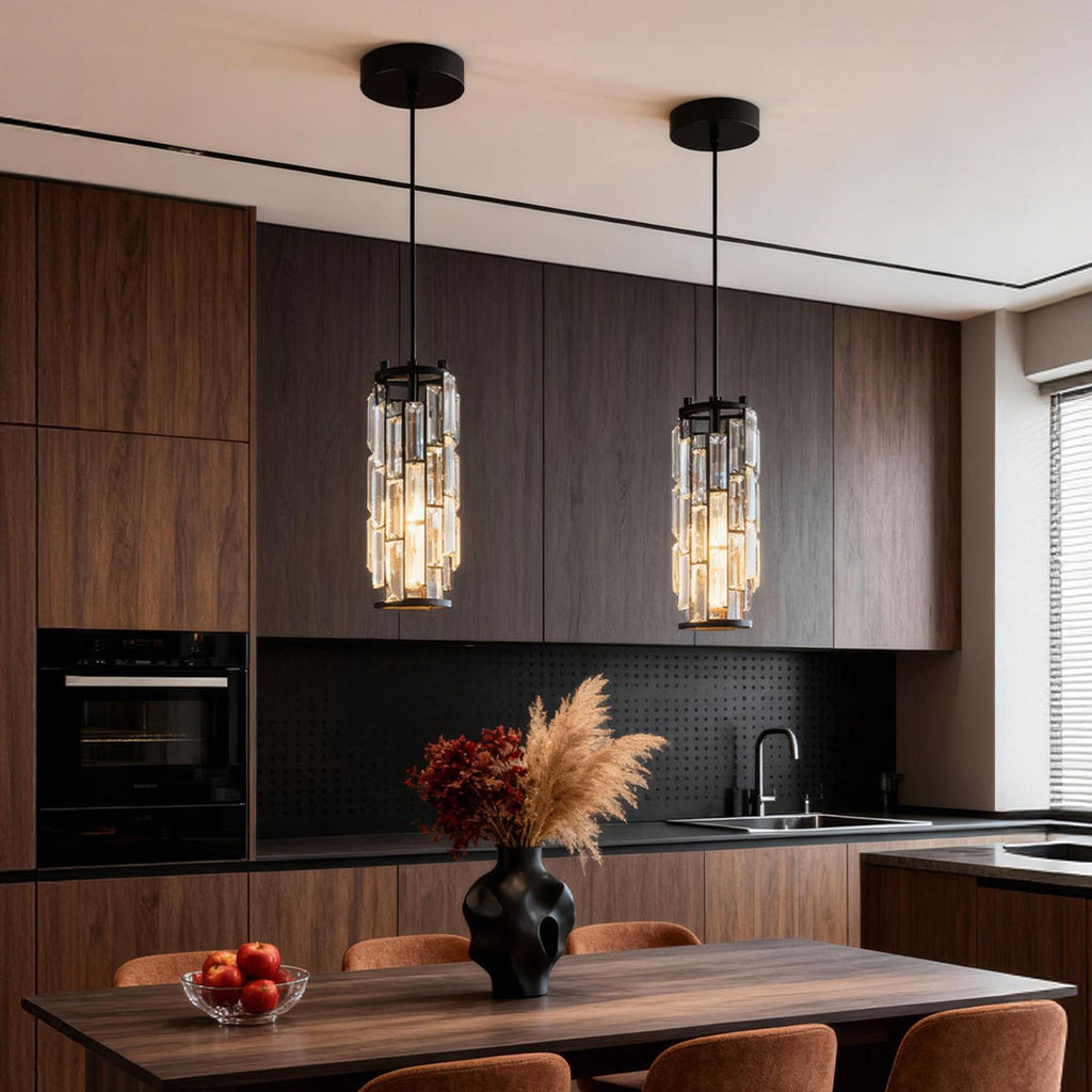 Mini Crystal Pendant Light, Industrial Iron and Crystal Glass Hanging Light for Kitchen Island and Bar, 1 or 3-Light in Black, Gold or Chrome