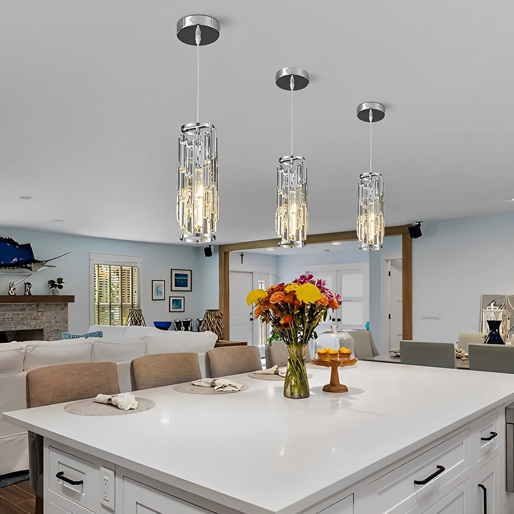 Mini Crystal Pendant Light, Industrial Iron and Crystal Glass Hanging Light for Kitchen Island and Bar, 1 or 3-Light in Black, Gold or Chrome