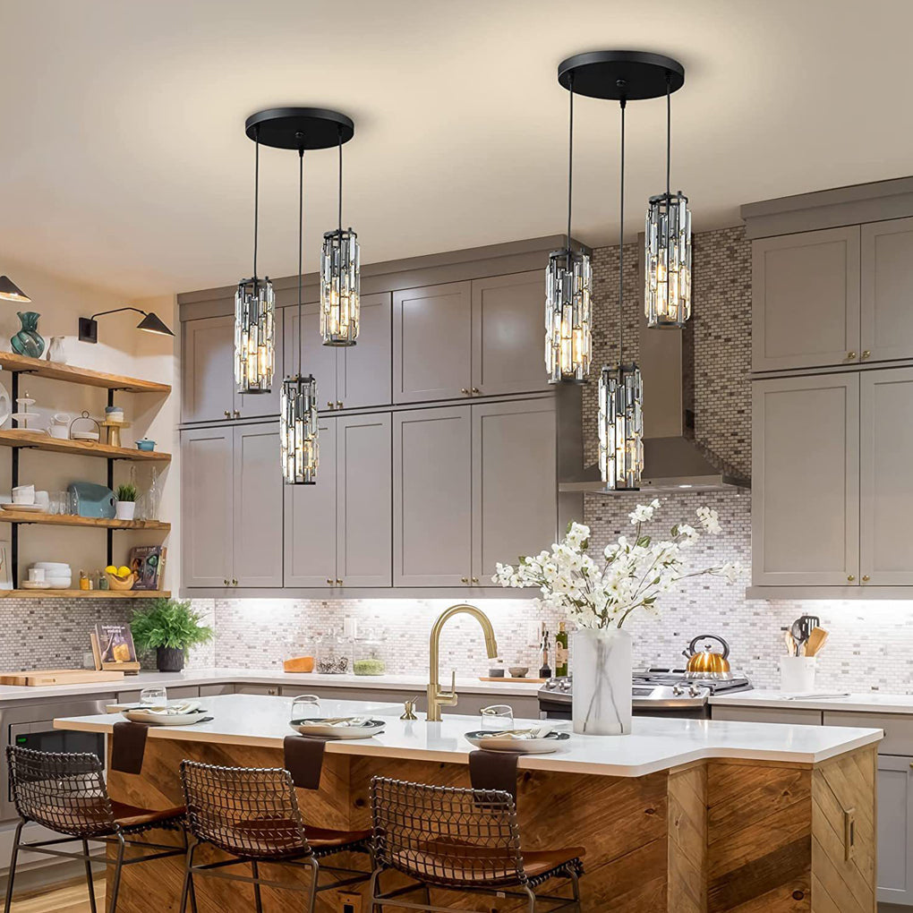 Mini Crystal Pendant Light, Industrial Iron and Crystal Glass Hanging Light for Kitchen Island and Bar, 1 or 3-Light in Black, Gold or Chrome