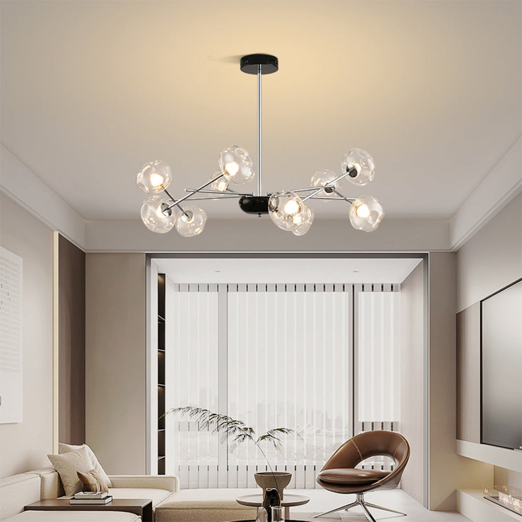 Designer LED chandelier hanging in a minimalist bedroom