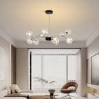 Designer LED chandelier hanging in a minimalist bedroom