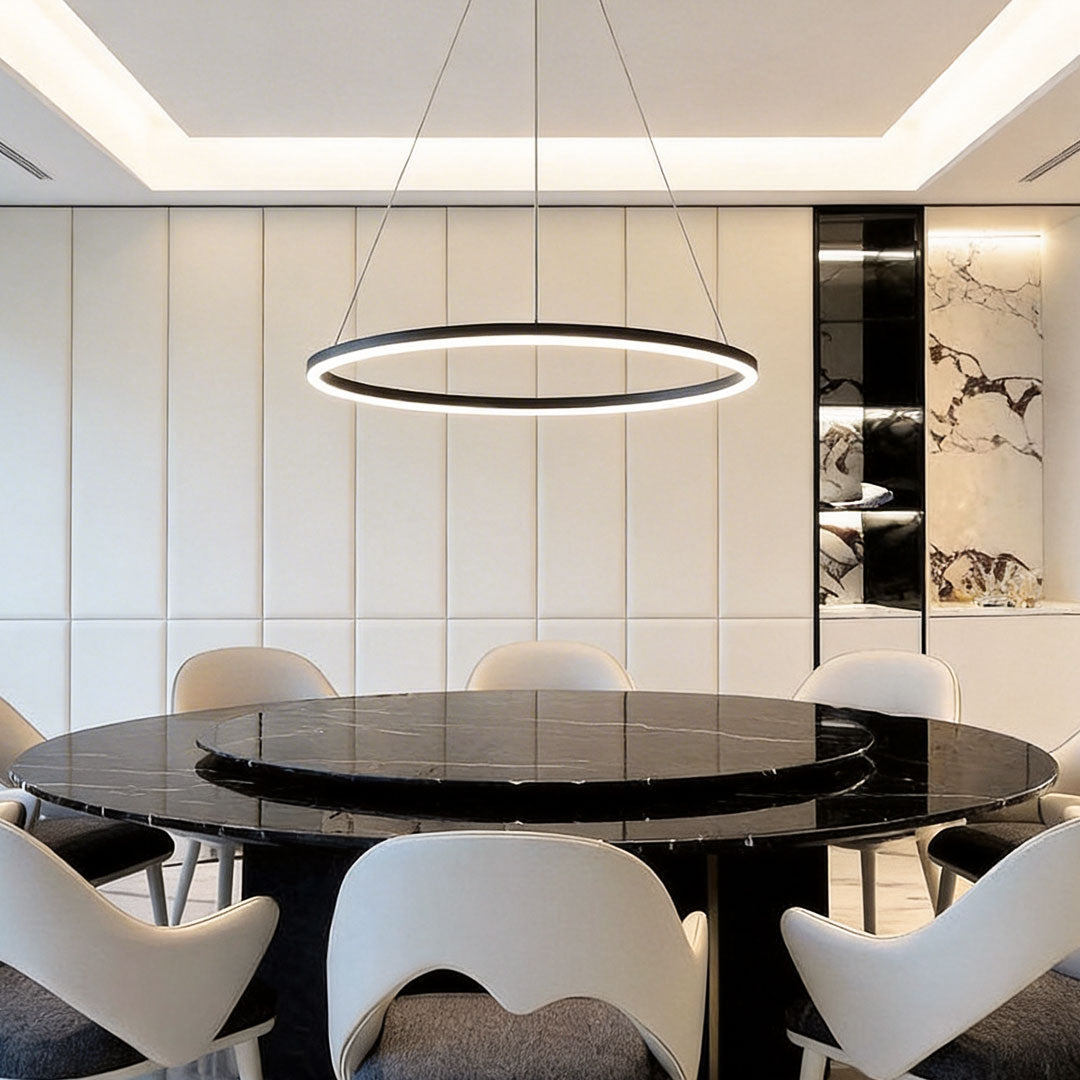 Modern LED Ring Chandelier, Round Halo Ceiling Light for Dining Room and Bedroom, Dimmable Aluminum Circle Pendant in 16, 24 or 31 Inch