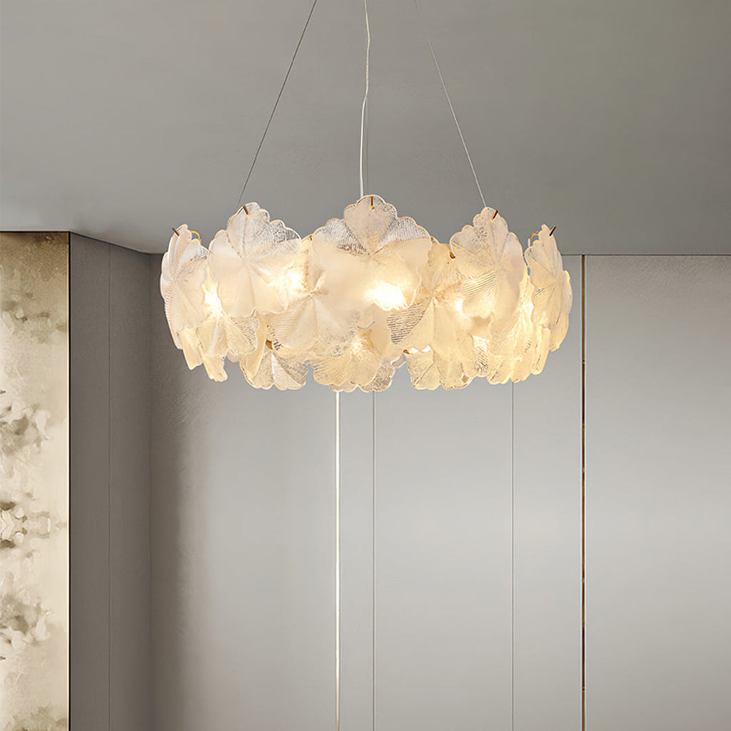 Glass garland chandelier in a minimalist dining room
