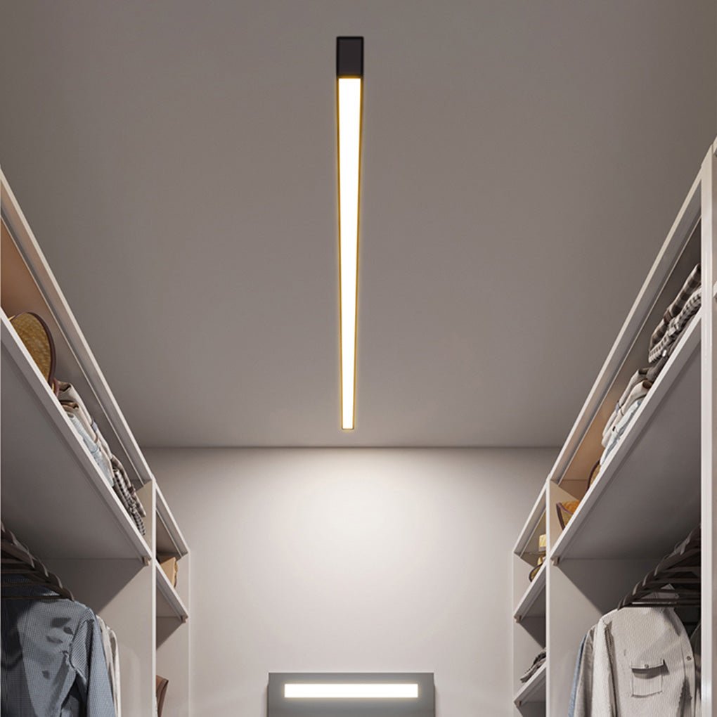 Minimalist linear ceiling light shown installed on a ceiling