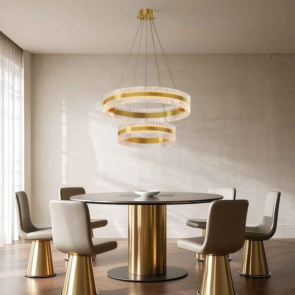 Minimalist dual ring chandelier in an elegant dining space