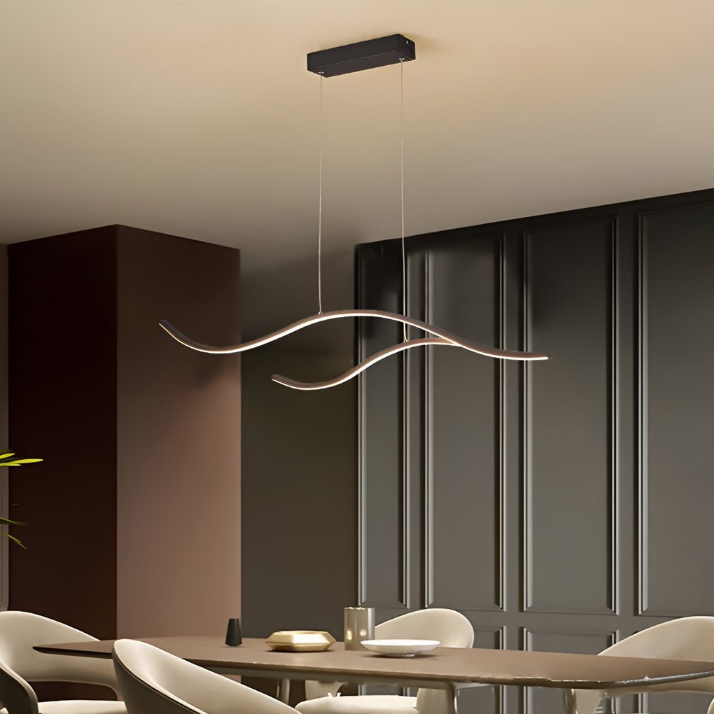 Curved LED Pendant Light, Wavy Linear Chandelier for Kitchen Island and Dining Table, Dimmable Modern Ceiling Light in Black, Gold or Chrome