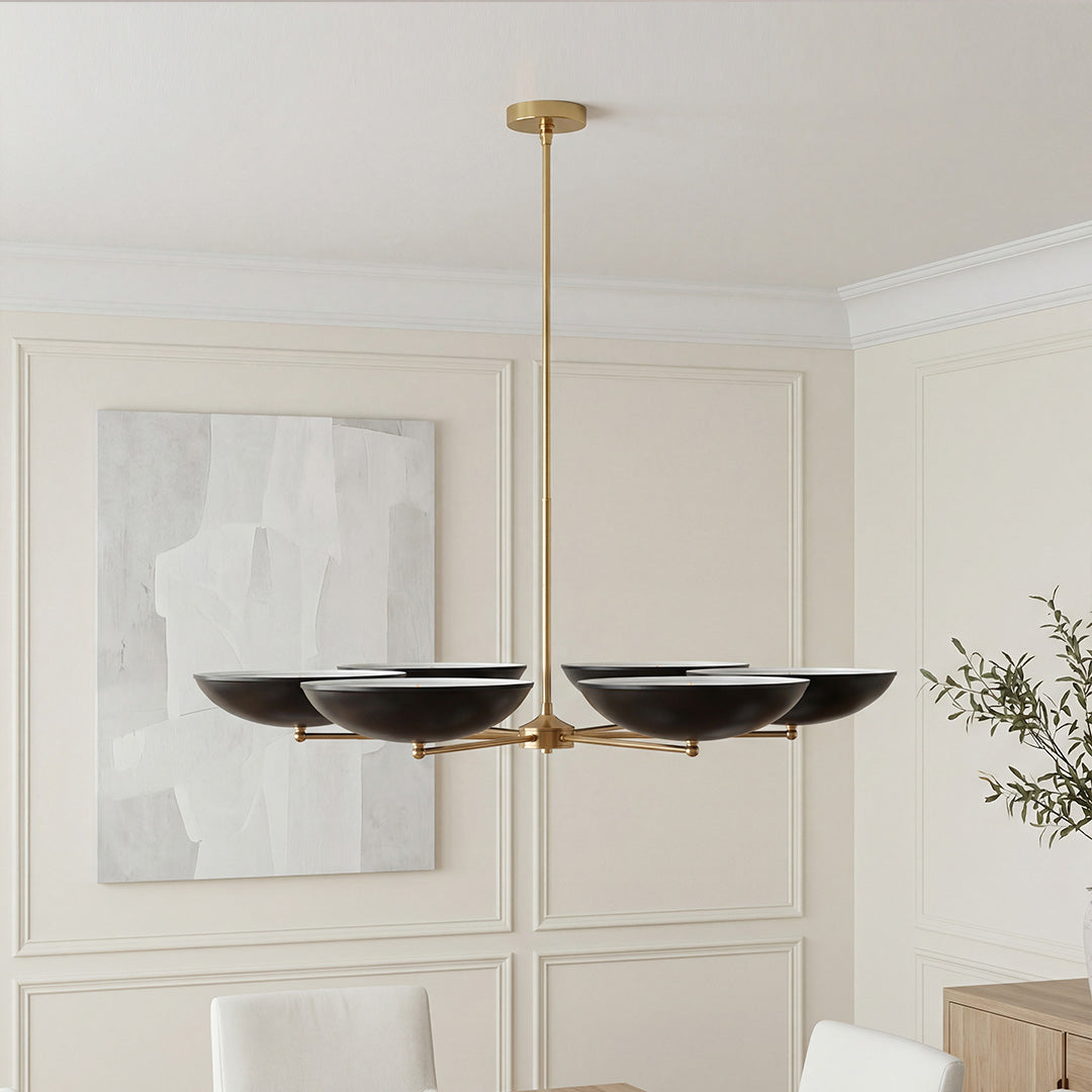 Black and gold chandelier with bowl shades