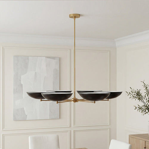 Black and gold chandelier with bowl shades