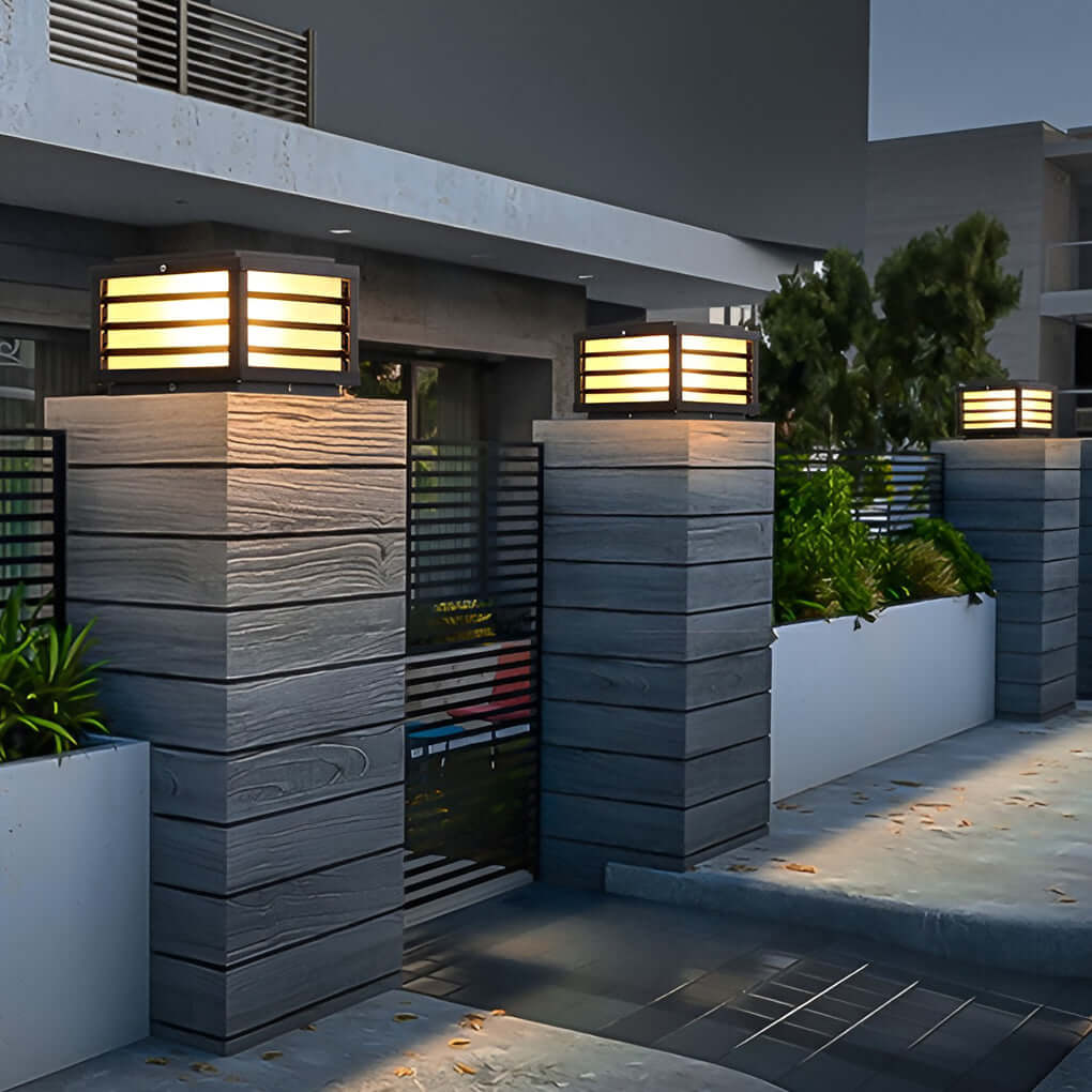 Black Gate Pillar Light, Square Grid LED Post Cap Lantern for Fences and Driveway Columns, Solar or Hardwired Power