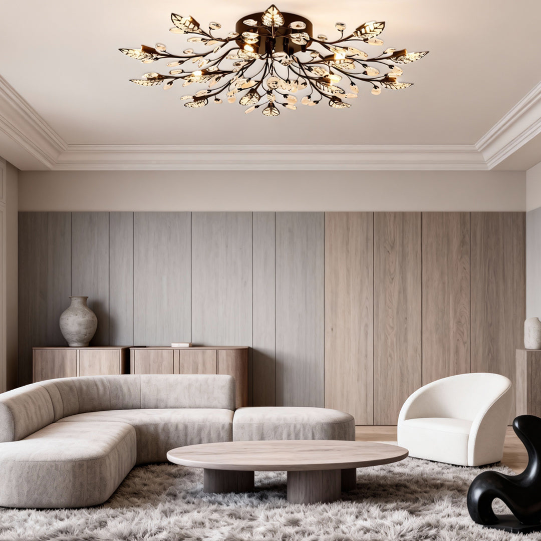 Brass Branch Crystal Chandelier, Leaf-Inspired Ceiling Light for Dining Rooms and Entryways, Fifteen-Light Sparkling Canopy