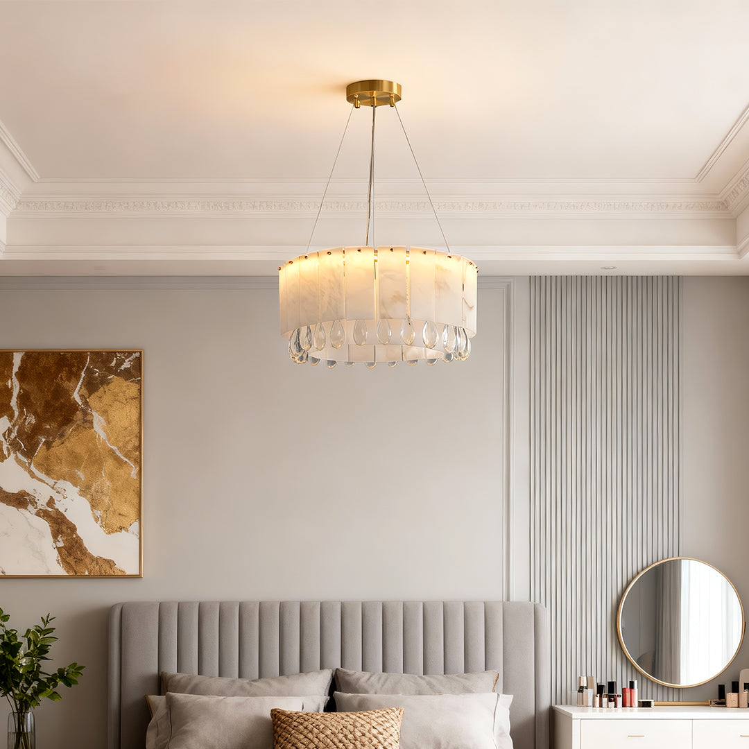 Brass Chandelier, Solid Brass and Alabaster Drum Ceiling Light for Dining Room, Warm 3000K