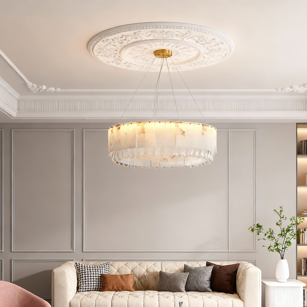 Brass Chandelier, Solid Brass and Alabaster Drum Ceiling Light for Dining Room, Warm 3000K