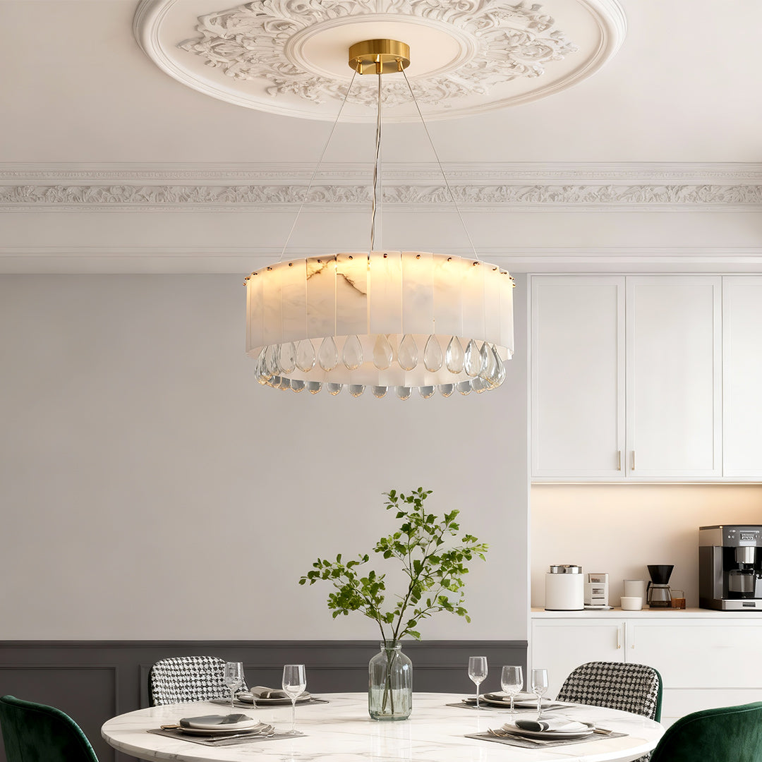 Brass Chandelier, Solid Brass and Alabaster Drum Ceiling Light for Dining Room, Warm 3000K