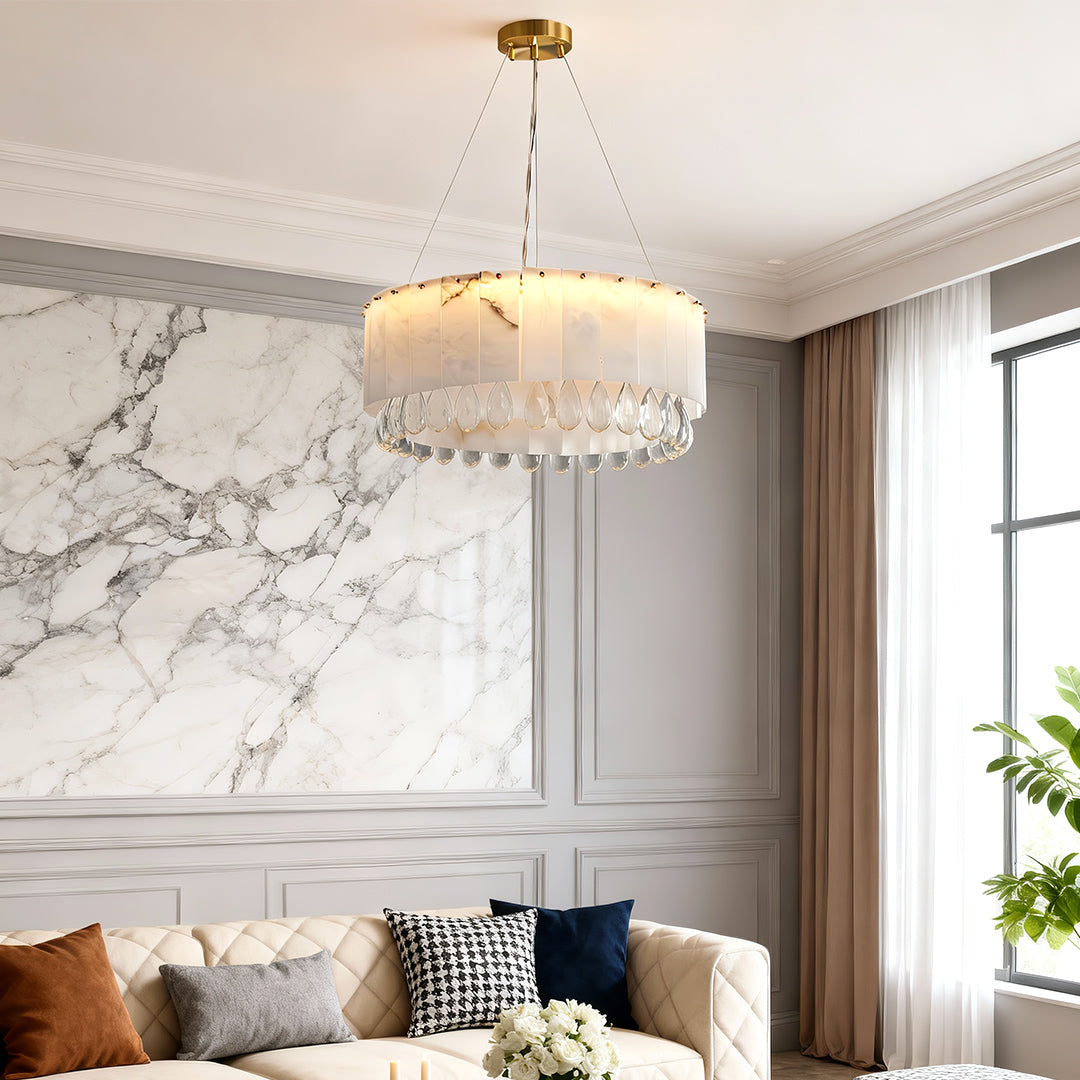 Brass Chandelier, Solid Brass and Alabaster Drum Ceiling Light for Dining Room, Warm 3000K