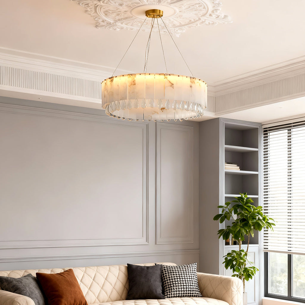Brass Chandelier, Solid Brass and Alabaster Drum Ceiling Light for Dining Room, Warm 3000K