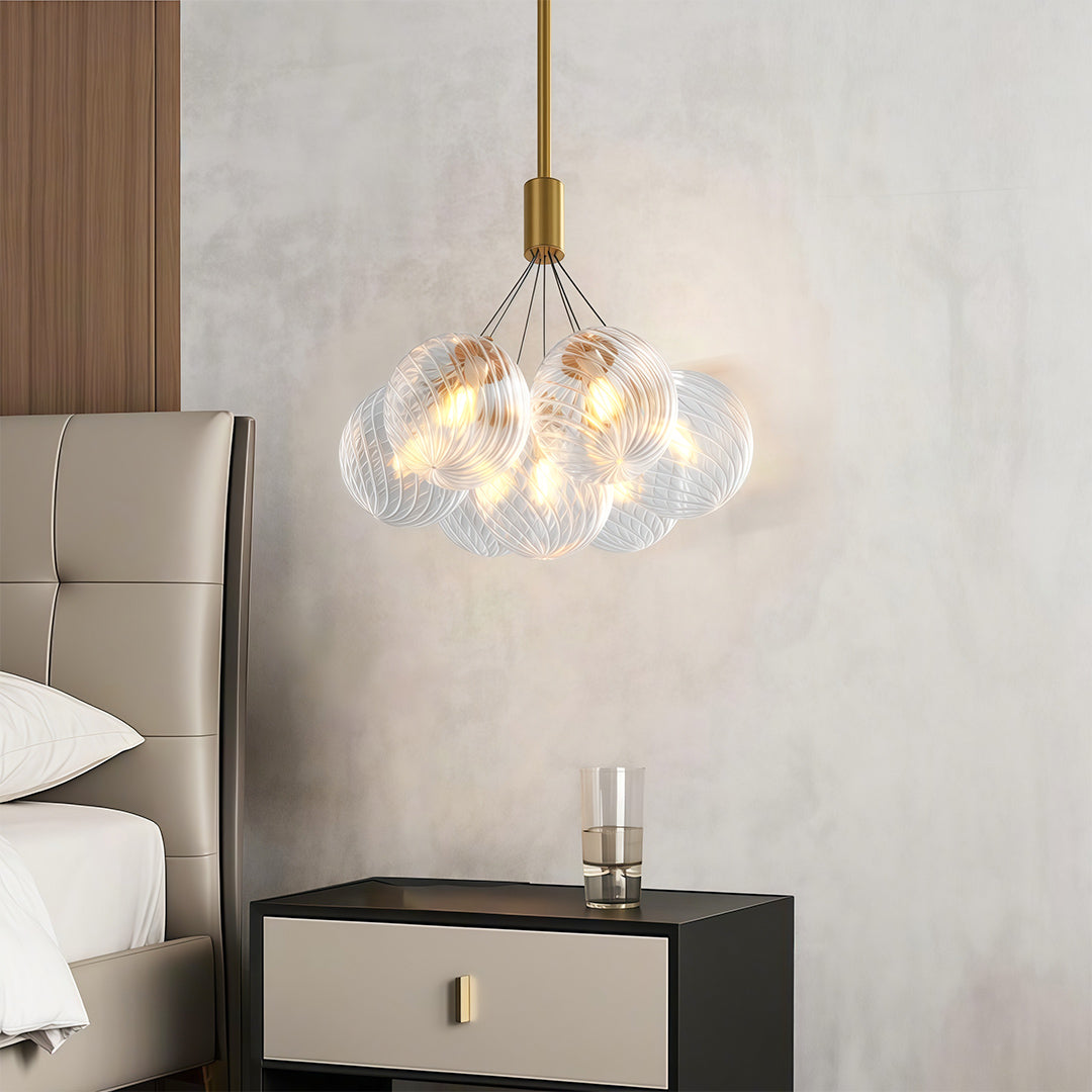 Bubble chandelier hanging in a dining room