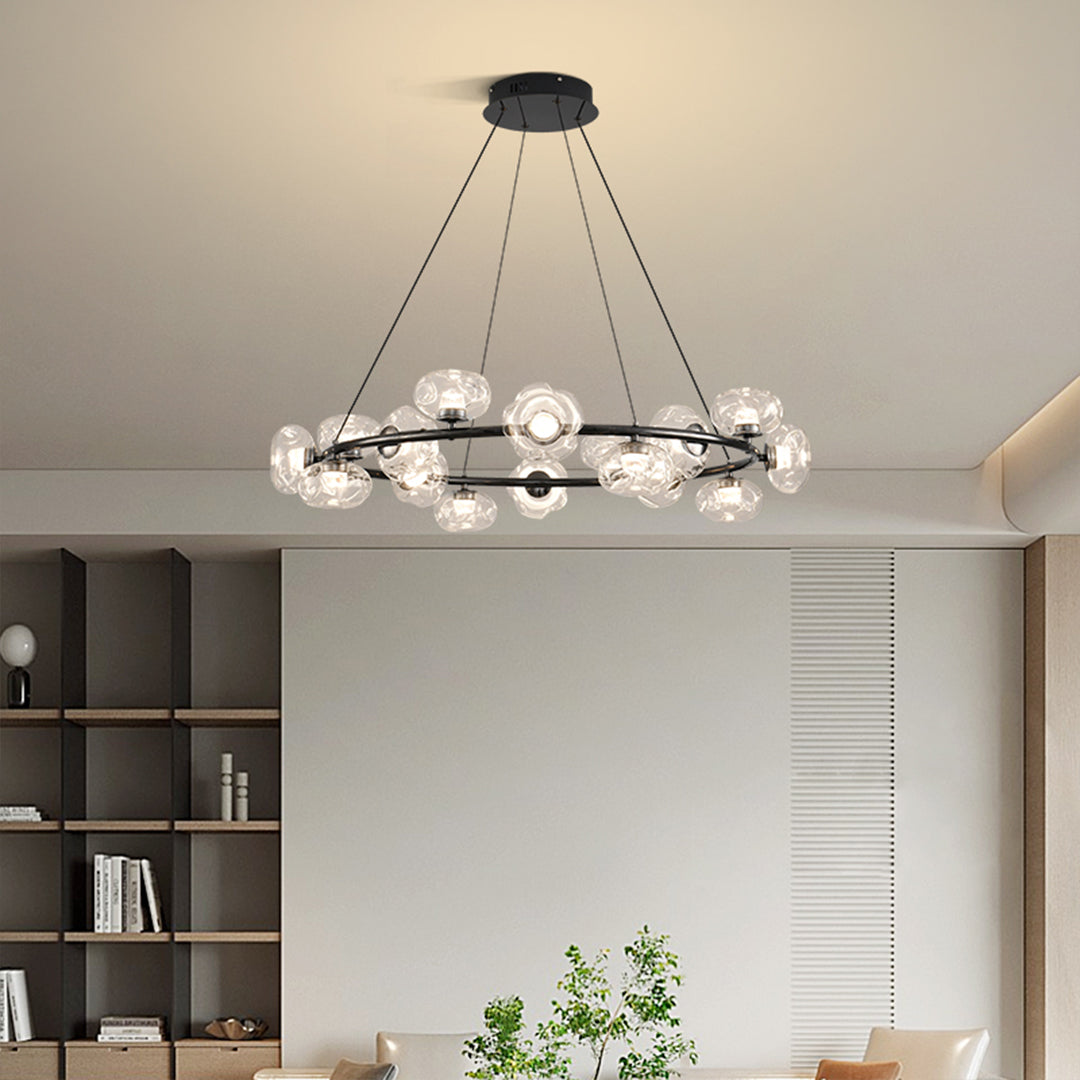 Bubble chandelier hanging in a modern dining area