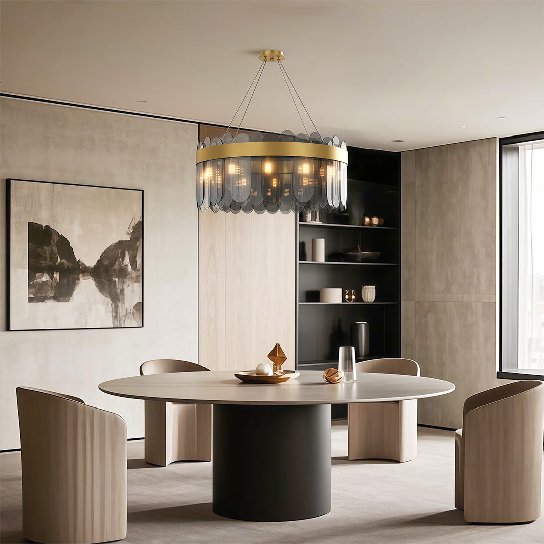 Ring chandelier in a contemporary room with grey walls