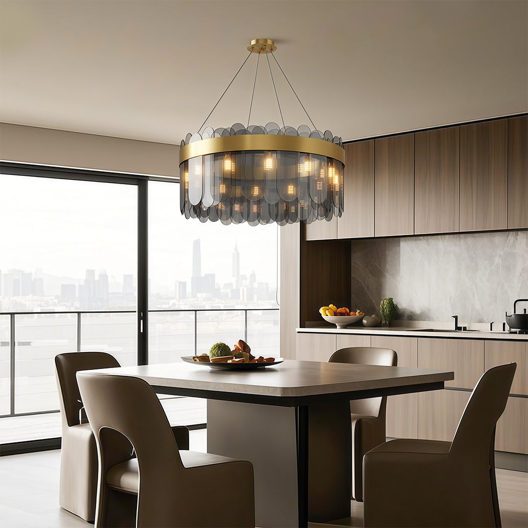 Ring chandelier in a kitchen dining space with leather chairs