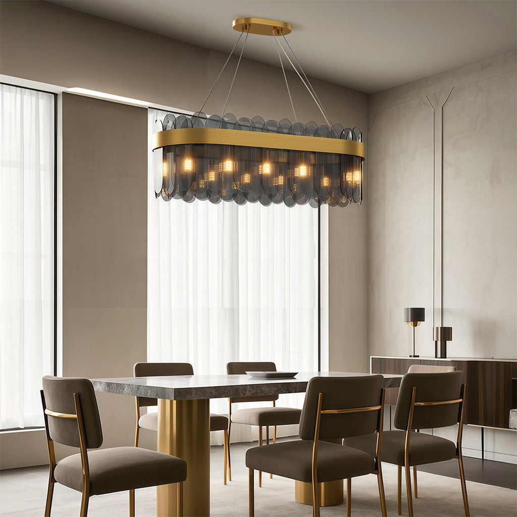 Ring chandelier in a warm dining room with a neutral palette