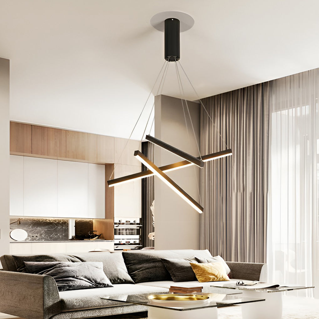 Linear Chandelier, Modern Criss-Cross Black Iron and Aluminum LED Ceiling Light for Dining Room and Living Space, 3 to 9 Lights