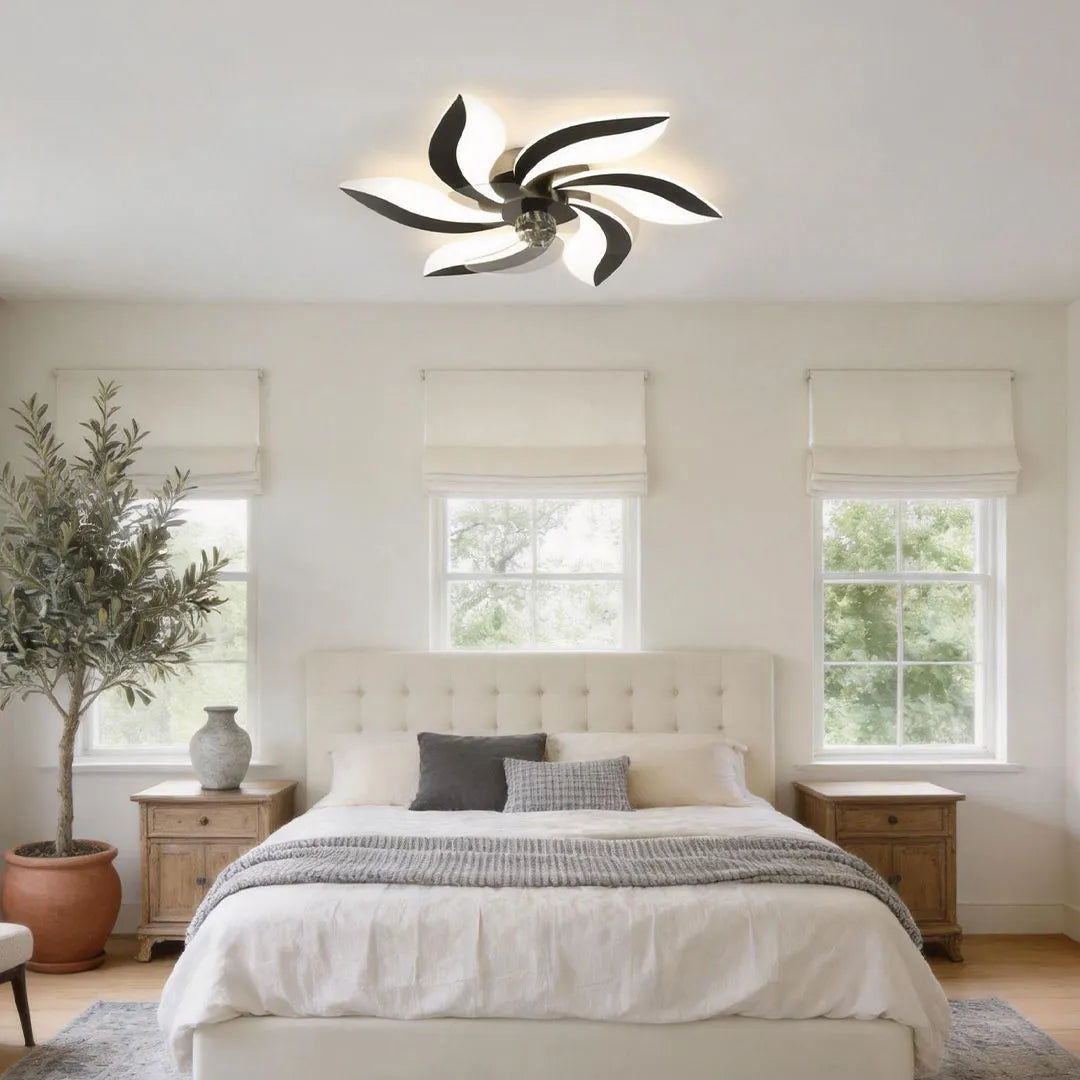 Decorative Ceiling Fan with Light, Nordic Line-Art LED Fixture for Bedrooms and Living Rooms, Stepless Dimming in Five Artistic Styles