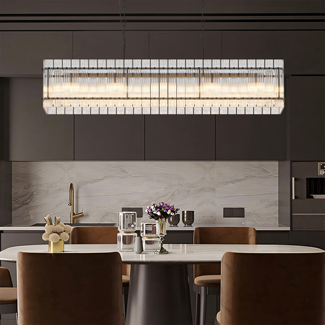 Glass shade chandelier hanging above a modern dining table