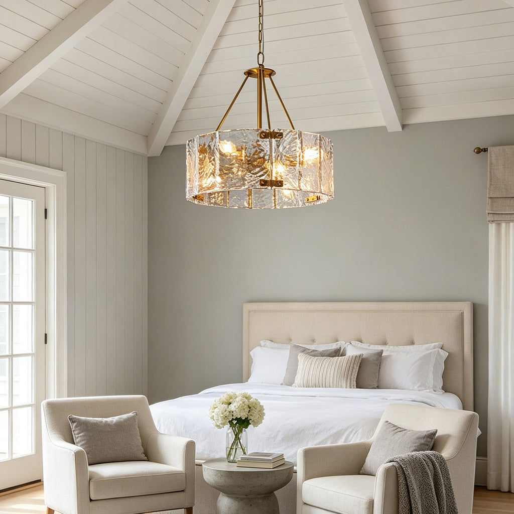 Drum Chandelier, Copper Iron and Ripple Glass Ceiling Light for Dining Room, 6 or 8 Lights