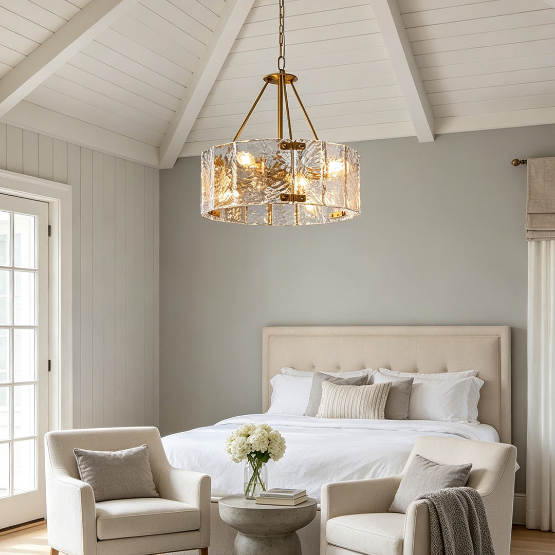 Drum Chandelier, Copper Iron and Ripple Glass Ceiling Light for Dining Room, 6 or 8 Lights
