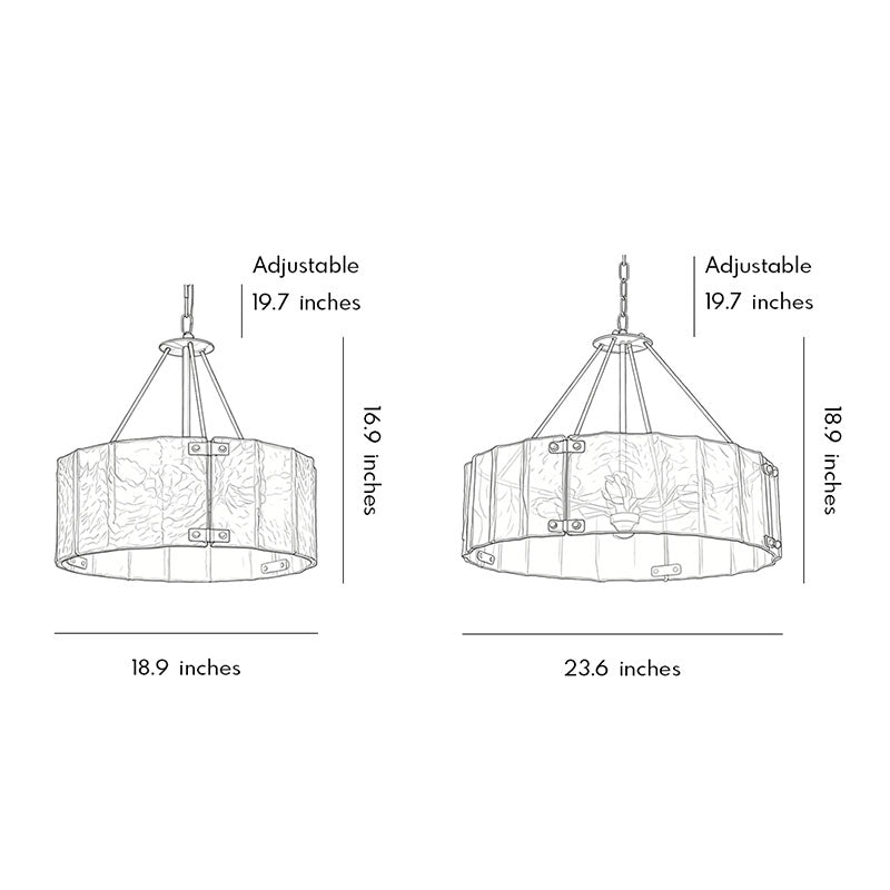 Drum Chandelier, Copper Iron and Ripple Glass Ceiling Light for Dining Room, 6 or 8 Lights