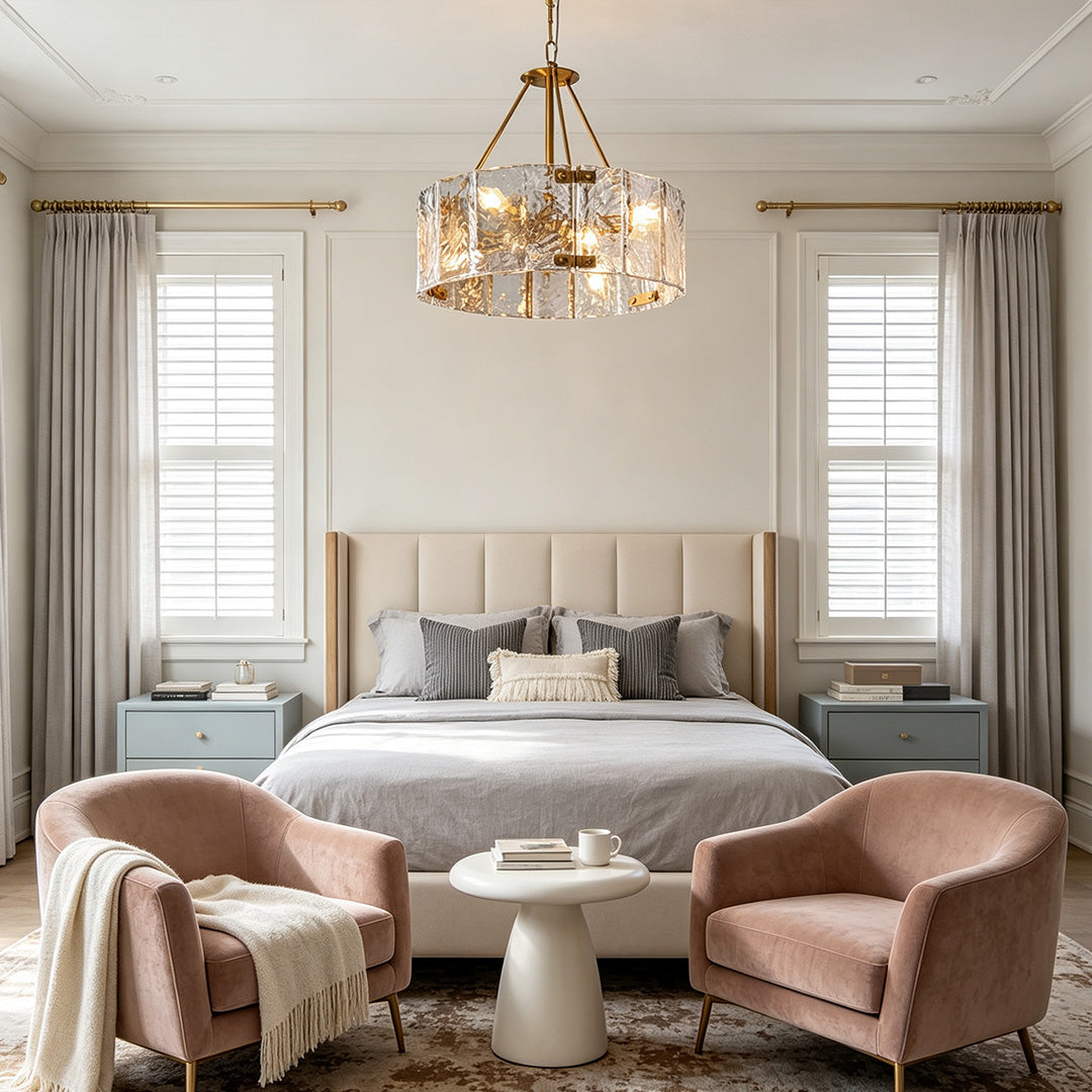 Drum Chandelier, Copper Iron and Ripple Glass Ceiling Light for Dining Room, 6 or 8 Lights
