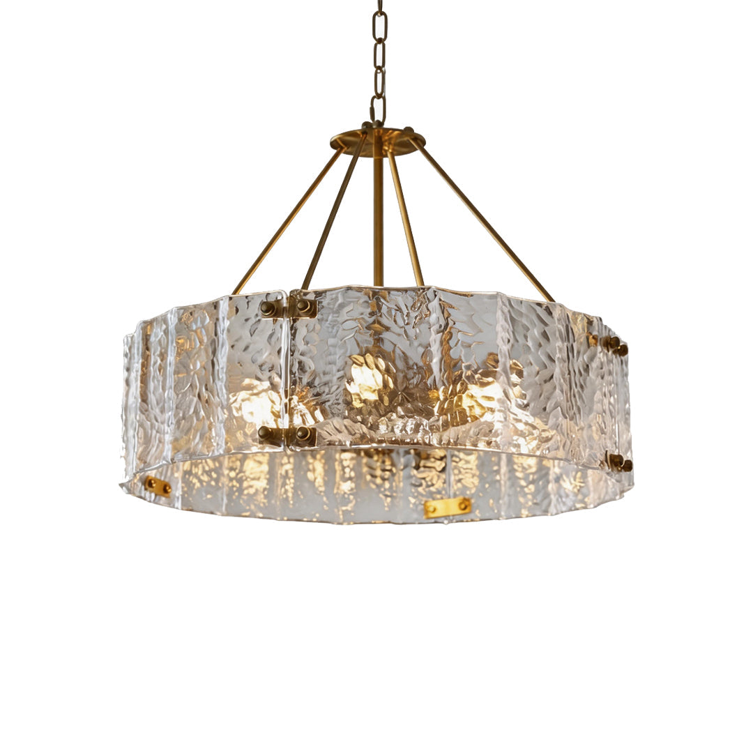 Drum Chandelier, Copper Iron and Ripple Glass Ceiling Light for Dining Room, 6 or 8 Lights