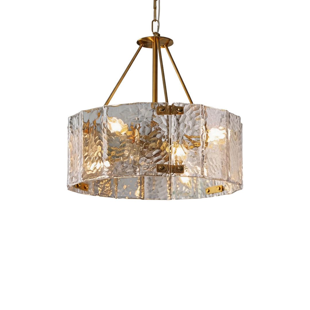 Drum Chandelier, Copper Iron and Ripple Glass Ceiling Light for Dining Room, 6 or 8 Lights