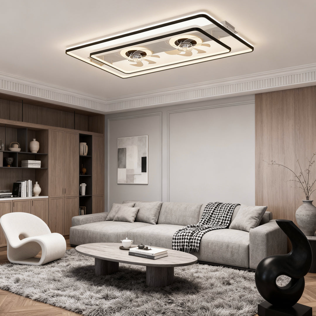 Dual Head Ceiling Fan with Light, Rectangular LED Transparent Blade Fan Lamp for Living and Dining Rooms, Black or Gold