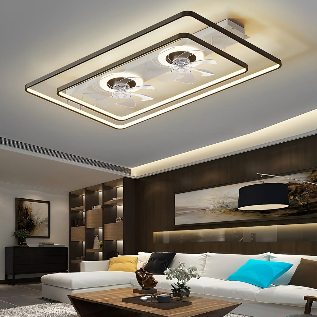 Dual Head Ceiling Fan with Light, Rectangular LED Transparent Blade Fan Lamp for Living and Dining Rooms, Black or Gold