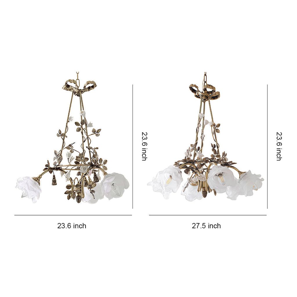 Branching metallic frame with white glass botanical shades