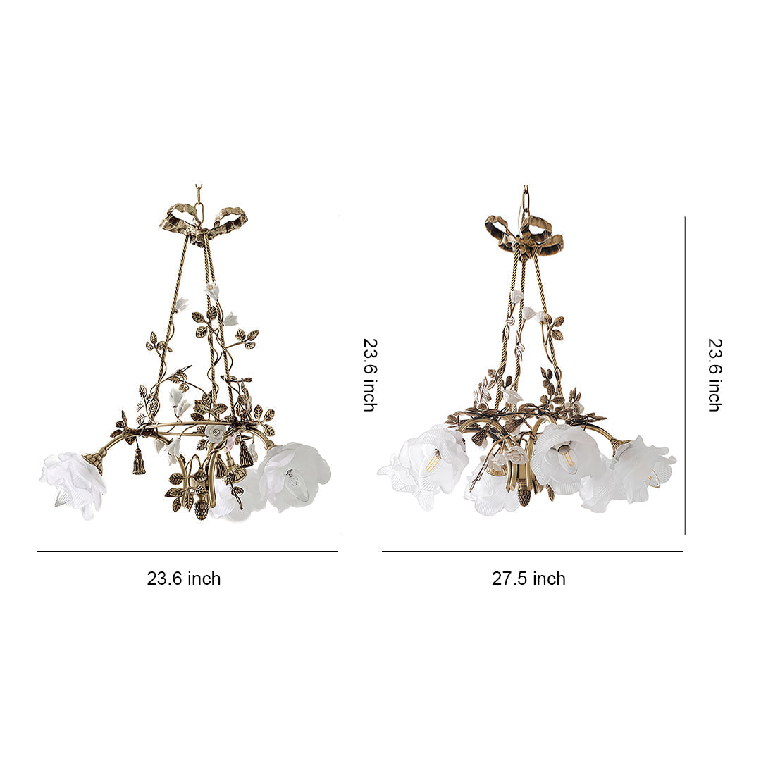 Branching metallic frame with white glass botanical shades