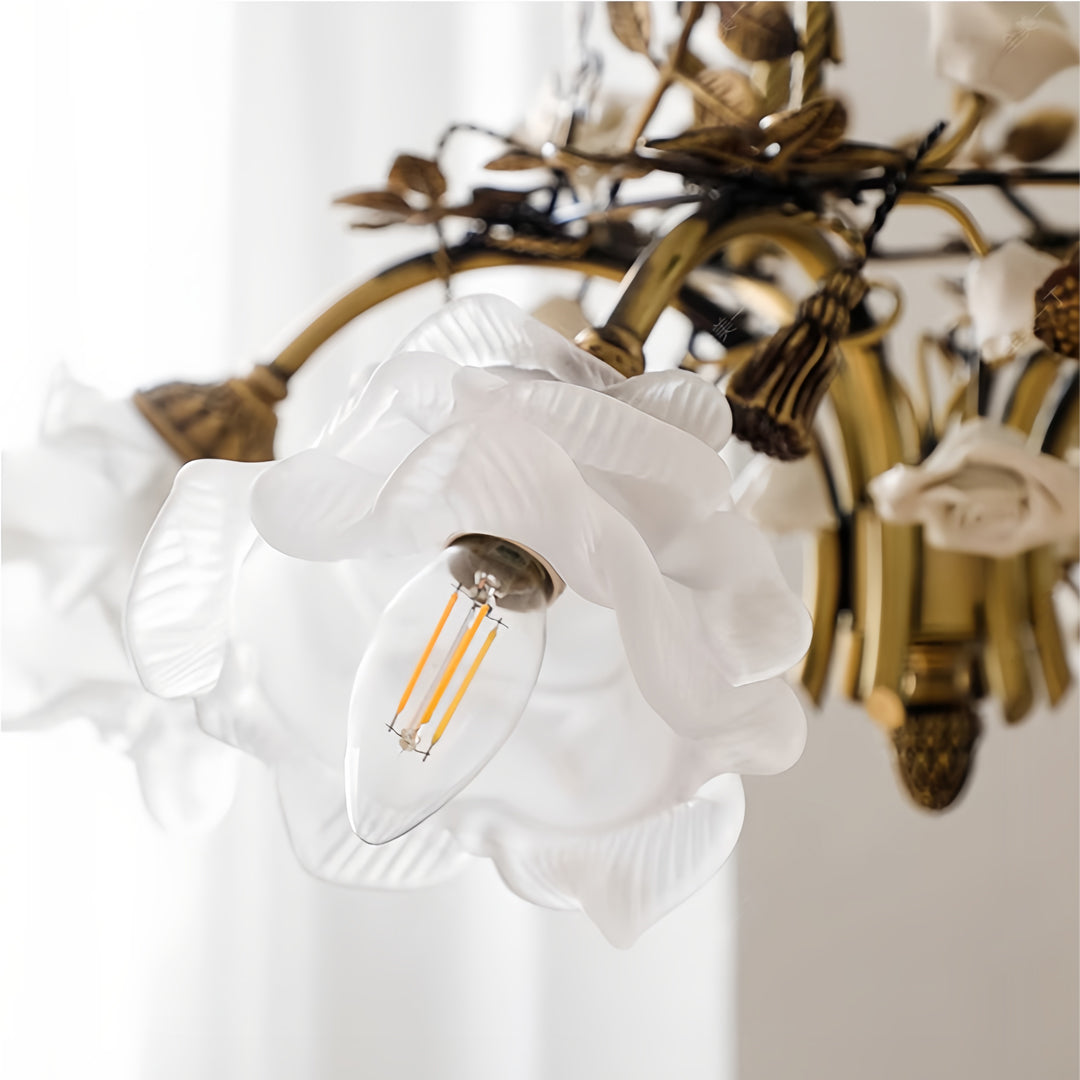 Close-up of the brass metalwork and frosted glass