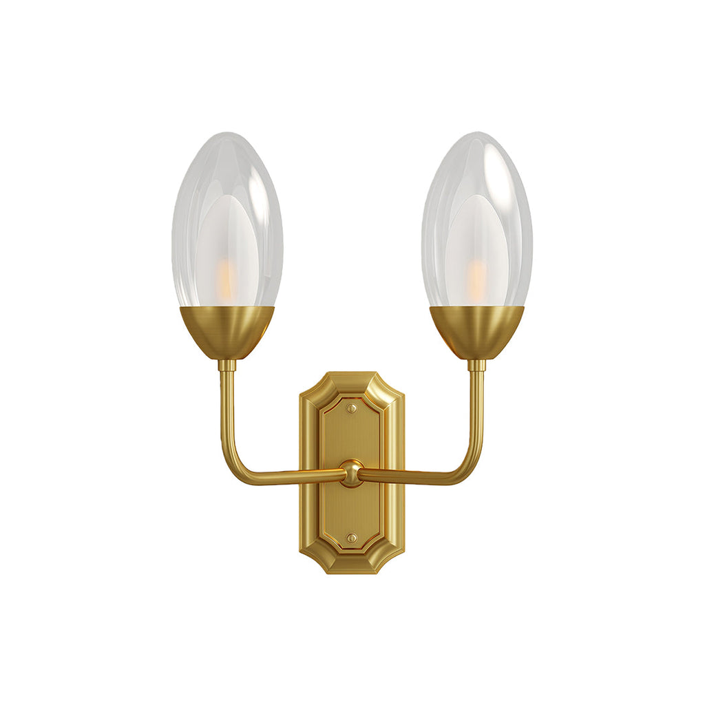 Polished brass twin arm glass wall light, product view