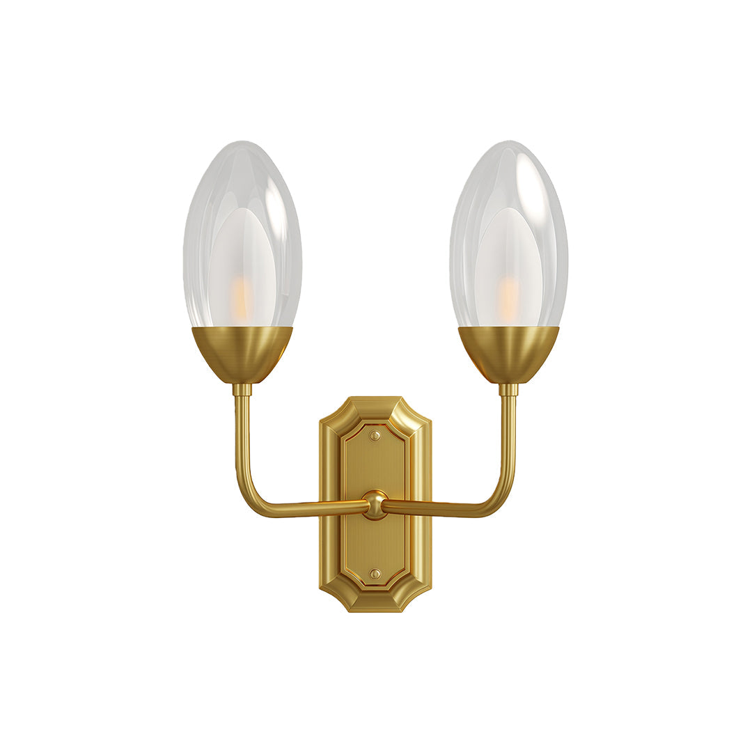 Polished brass twin arm glass wall light, product view