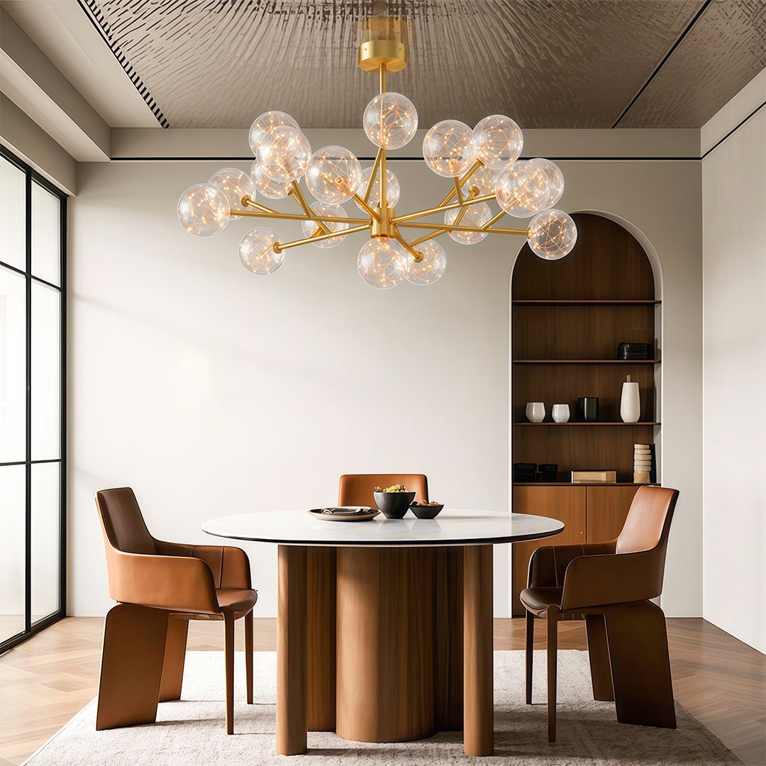 Globe chandelier in a dining room with large windows