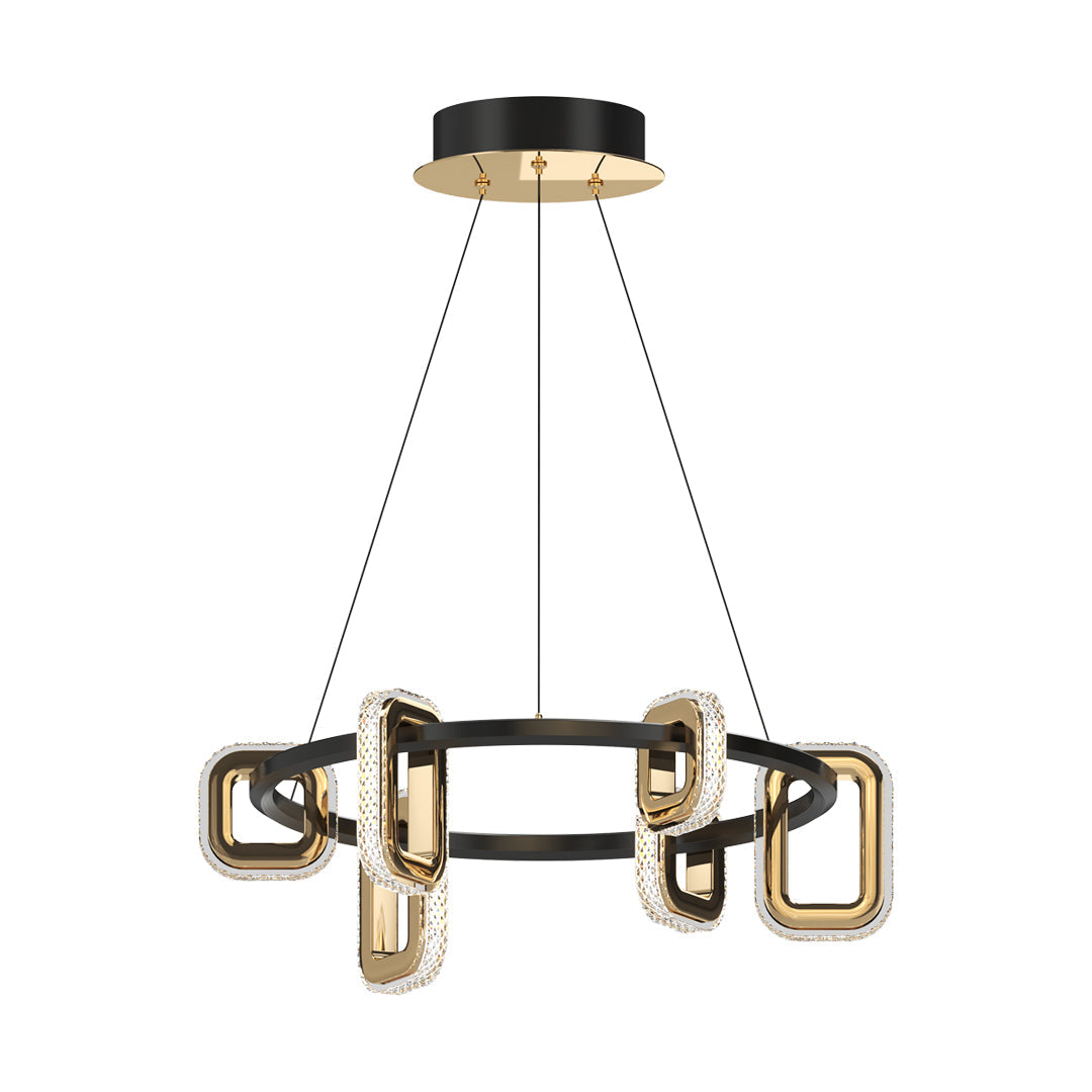 Circular ring hung with rectangular cage pendants