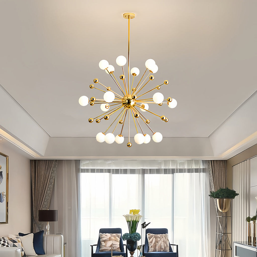 Gold sputnik chandelier hanging in a luxurious dining room