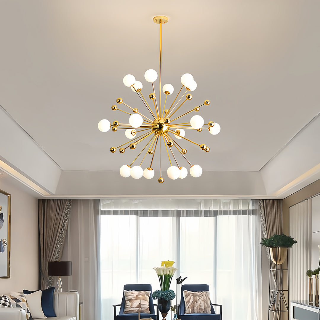 Gold sputnik chandelier hanging in a luxurious dining room