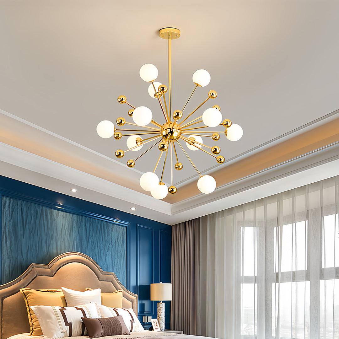 Modern gold sputnik chandelier with white globe lights