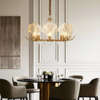 Chandelier in a transitional room with neutral upholstered seating