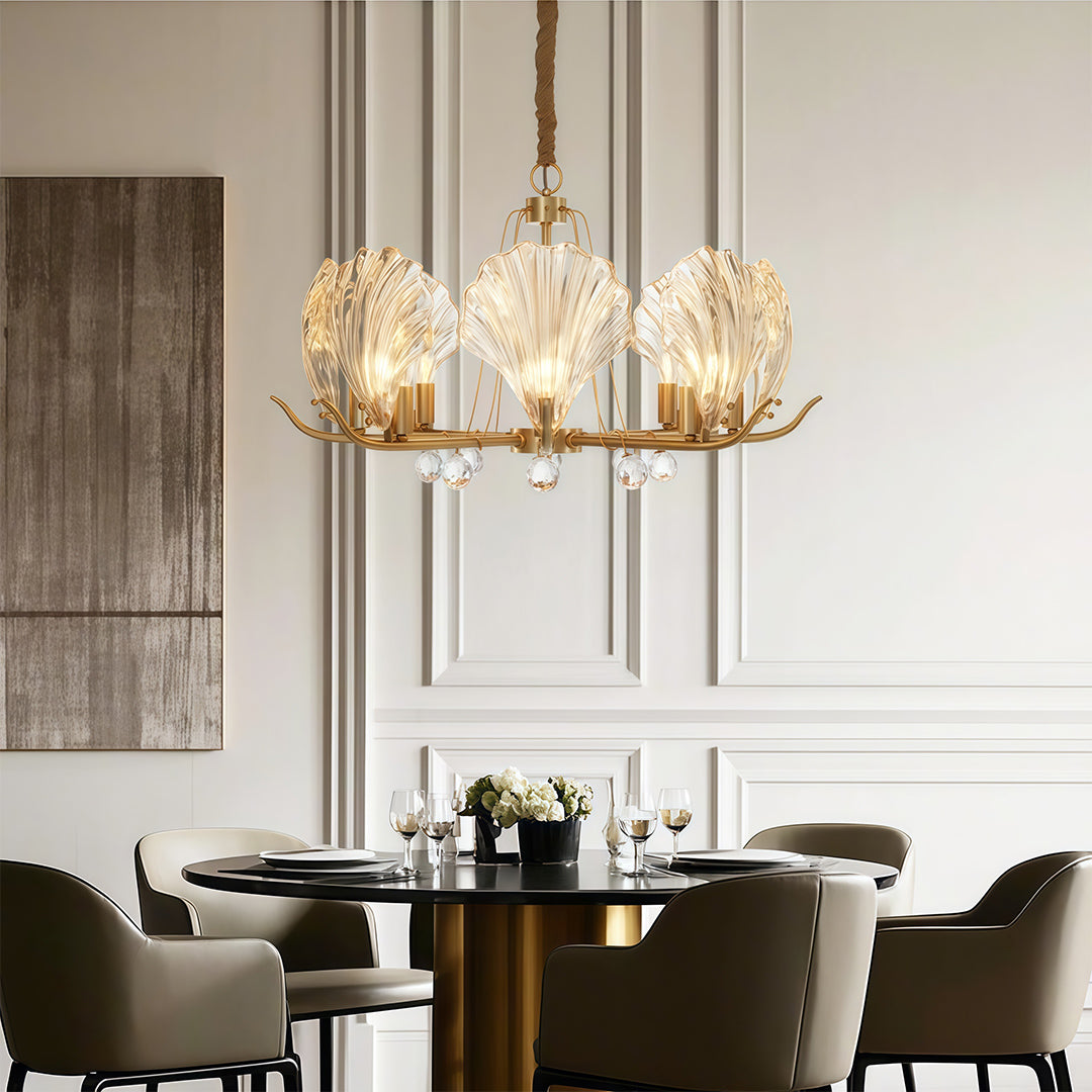 Chandelier in a transitional room with neutral upholstered seating