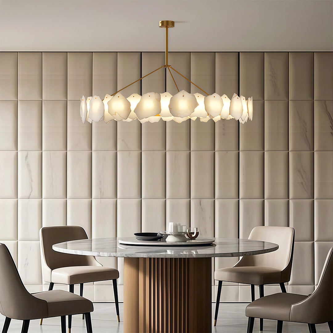 Modern LED Chandelier, Copper and Marble Ceiling Light for Dining Room, 3-Color Temperature