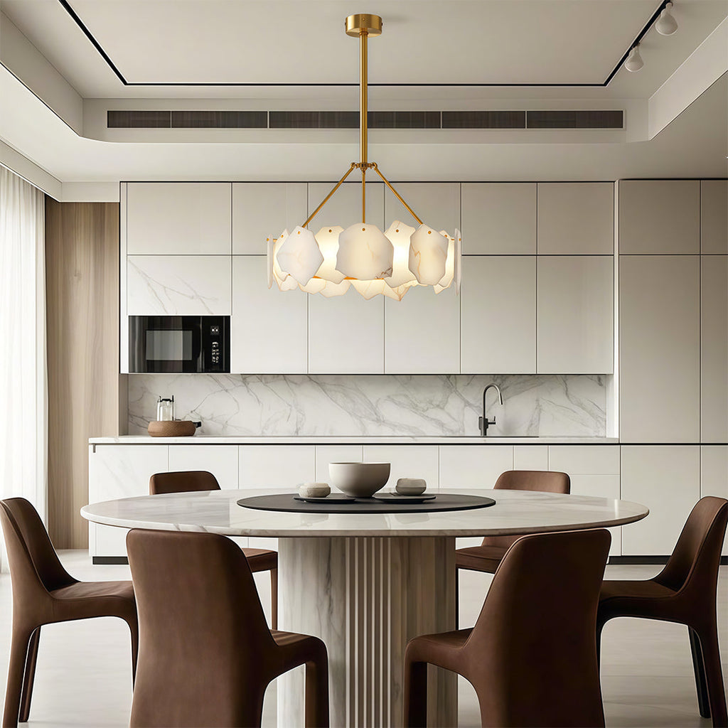 Modern LED Chandelier, Copper and Marble Ceiling Light for Dining Room, 3-Color Temperature